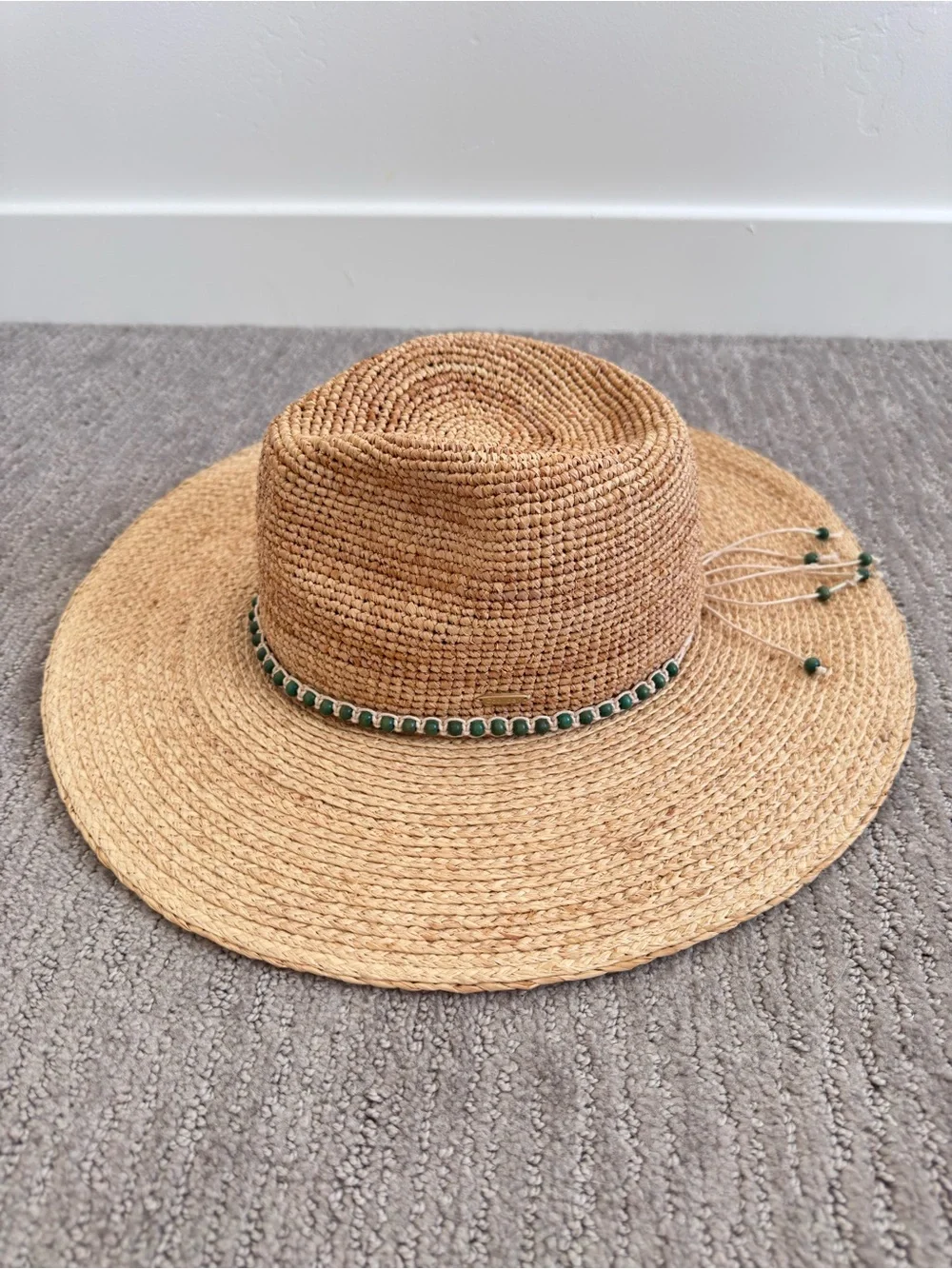 Coolibar Avery Raffia Fedora Hat UPF 50+ Wide Brim Beads Natural OS Coastal